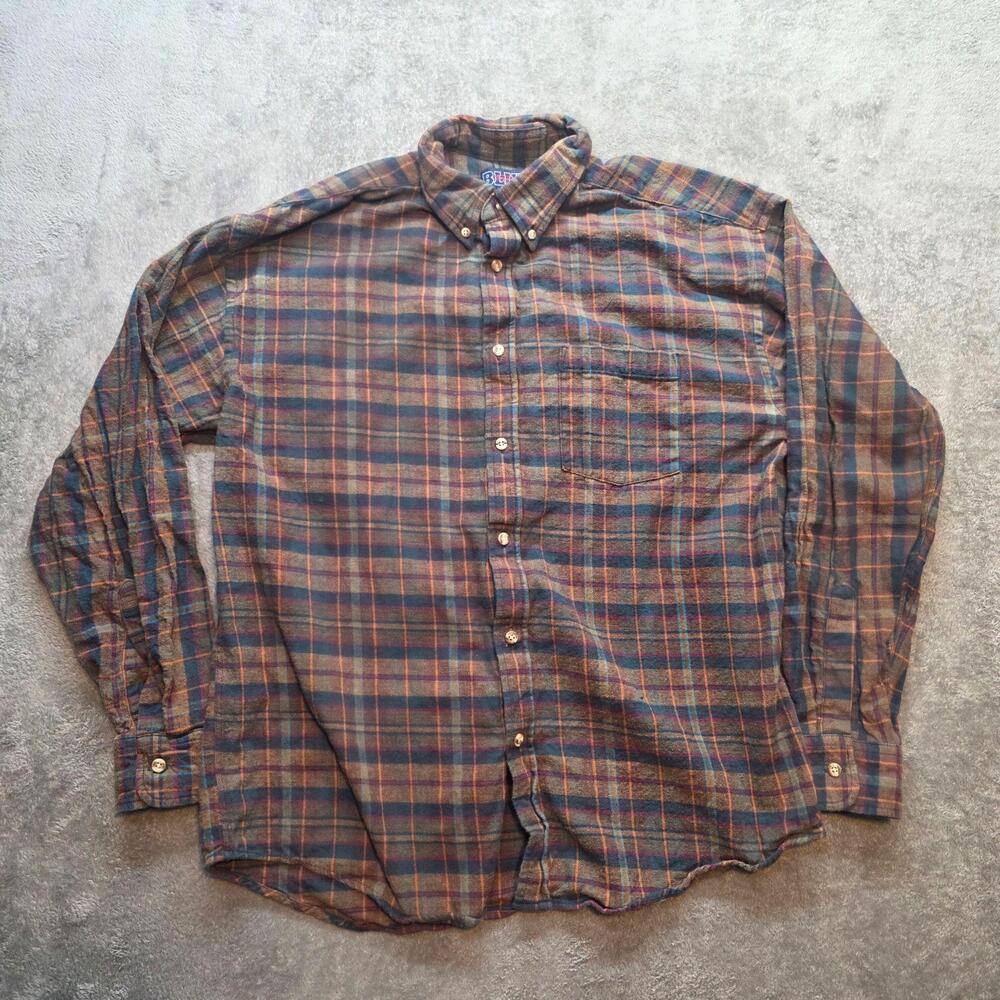Blue Button Up Shirt Mens XL Blue Plaid Flannel Long Sleeve Casual Cotton Pocket